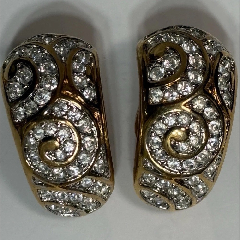 SWAROVSKI Clip On Earrings Gold Tone Pave Cubic Zirconia CZ Crystal Rhinestone